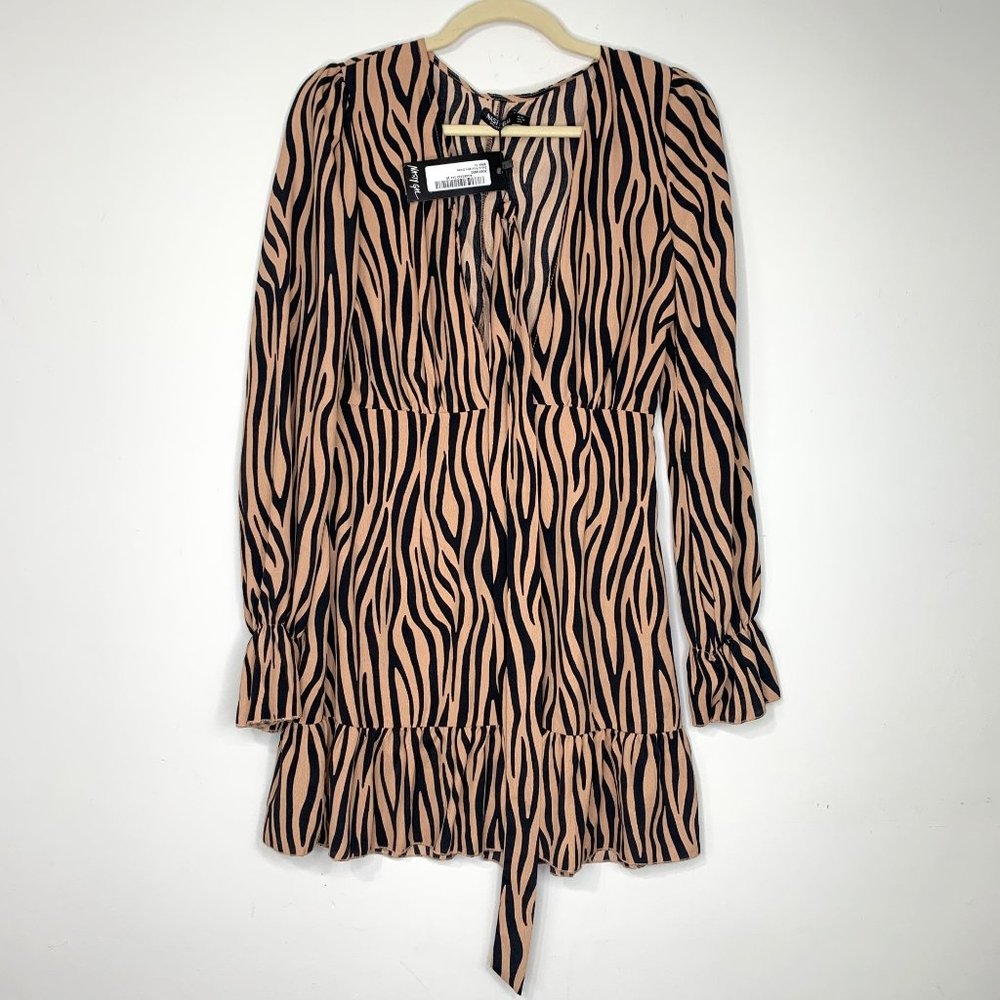 NWT NASTY GAL Brown Black Zebra‎ Ruffle Mini Dress Sz 6